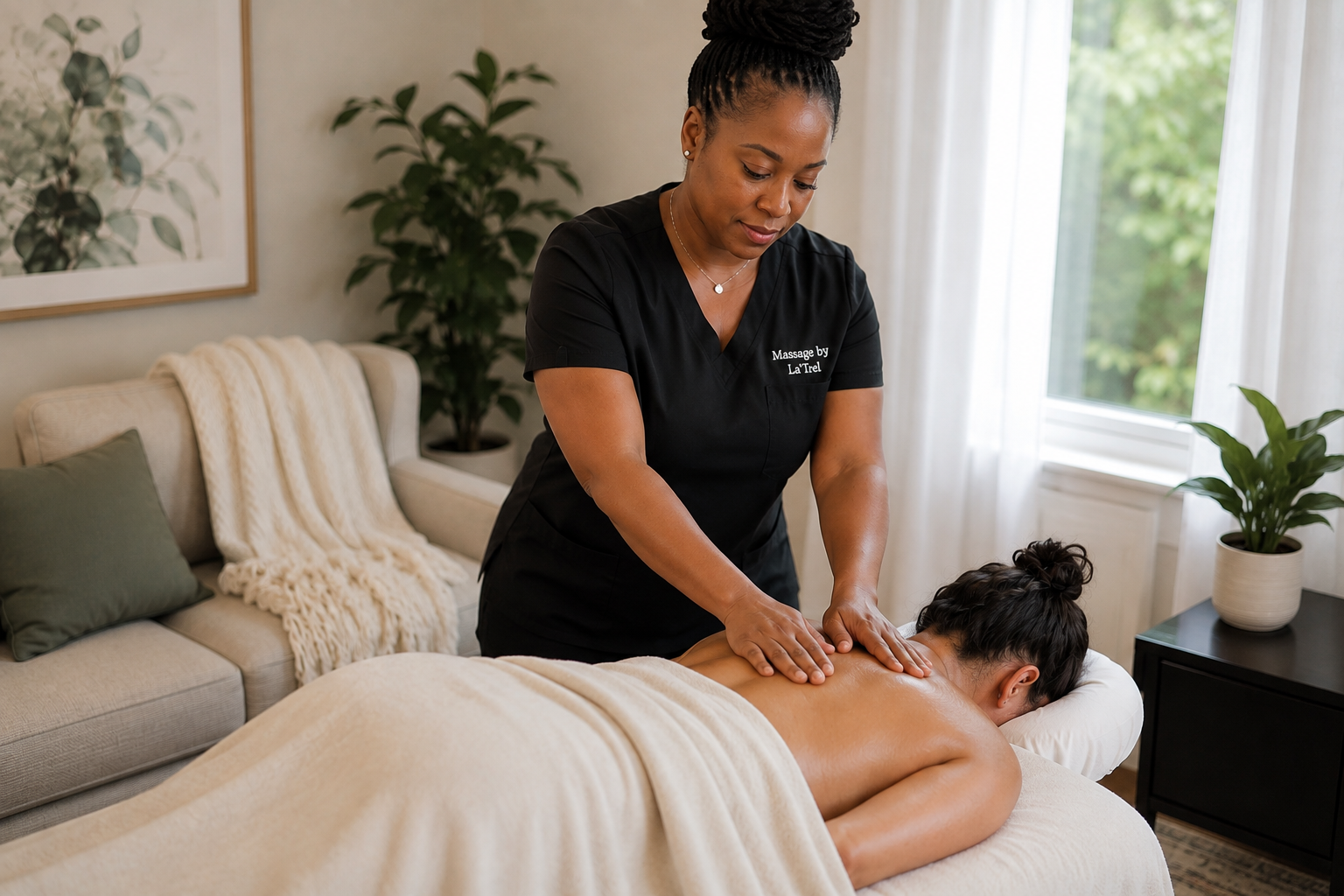 Professional Black female massage therapist performing a back massage on a client on a massage table draped with a clean white sheet in a serene home setting