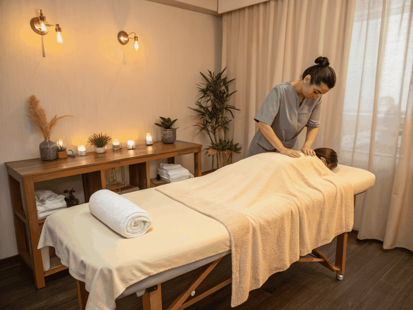 A serene, professional massage table set up in a bright and welcoming modern living room.