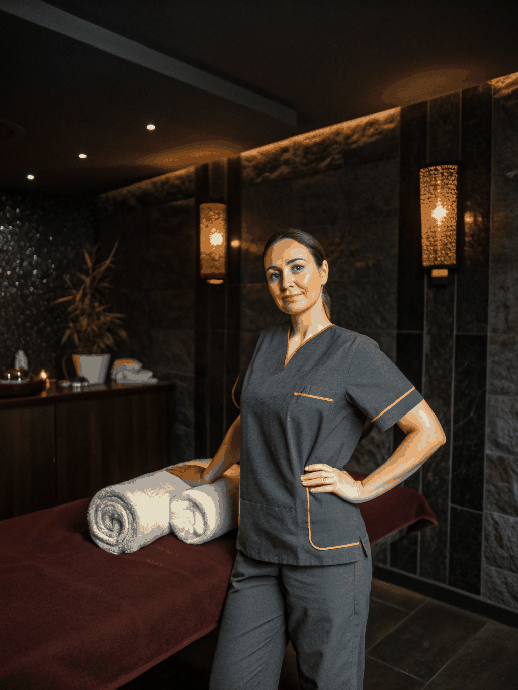 La'Trel, licensed professional massage therapist, smiling warmly in a comfortable, well-lit residential setting