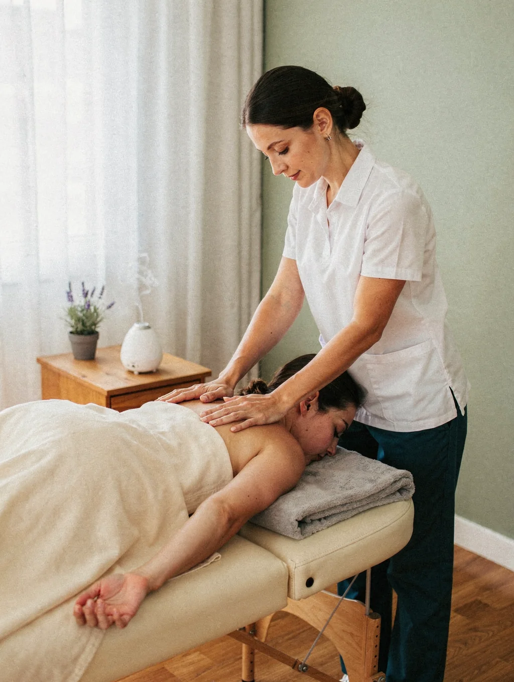 Licensed massage therapist preparing for an in-home wellness session in Spartanburg