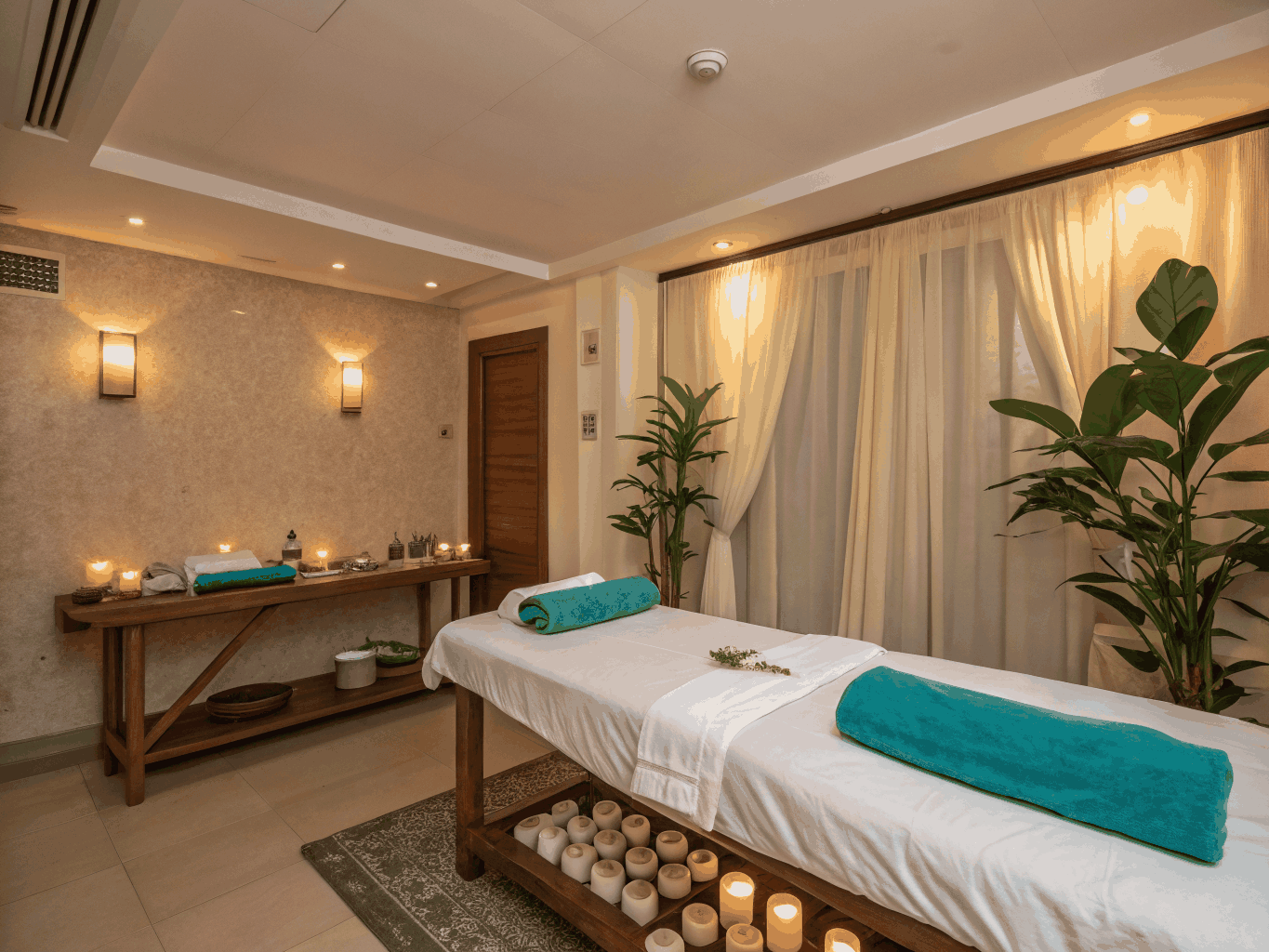 Professional massage table set up in a comfortable home environment
