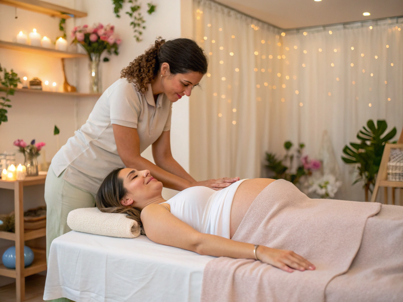 Pregnant woman enjoying a comfortable prenatal massage