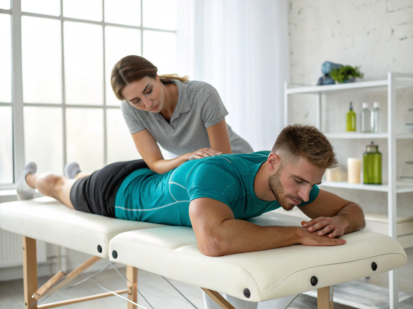 Athlete receiving sports massage and stretching therapy
