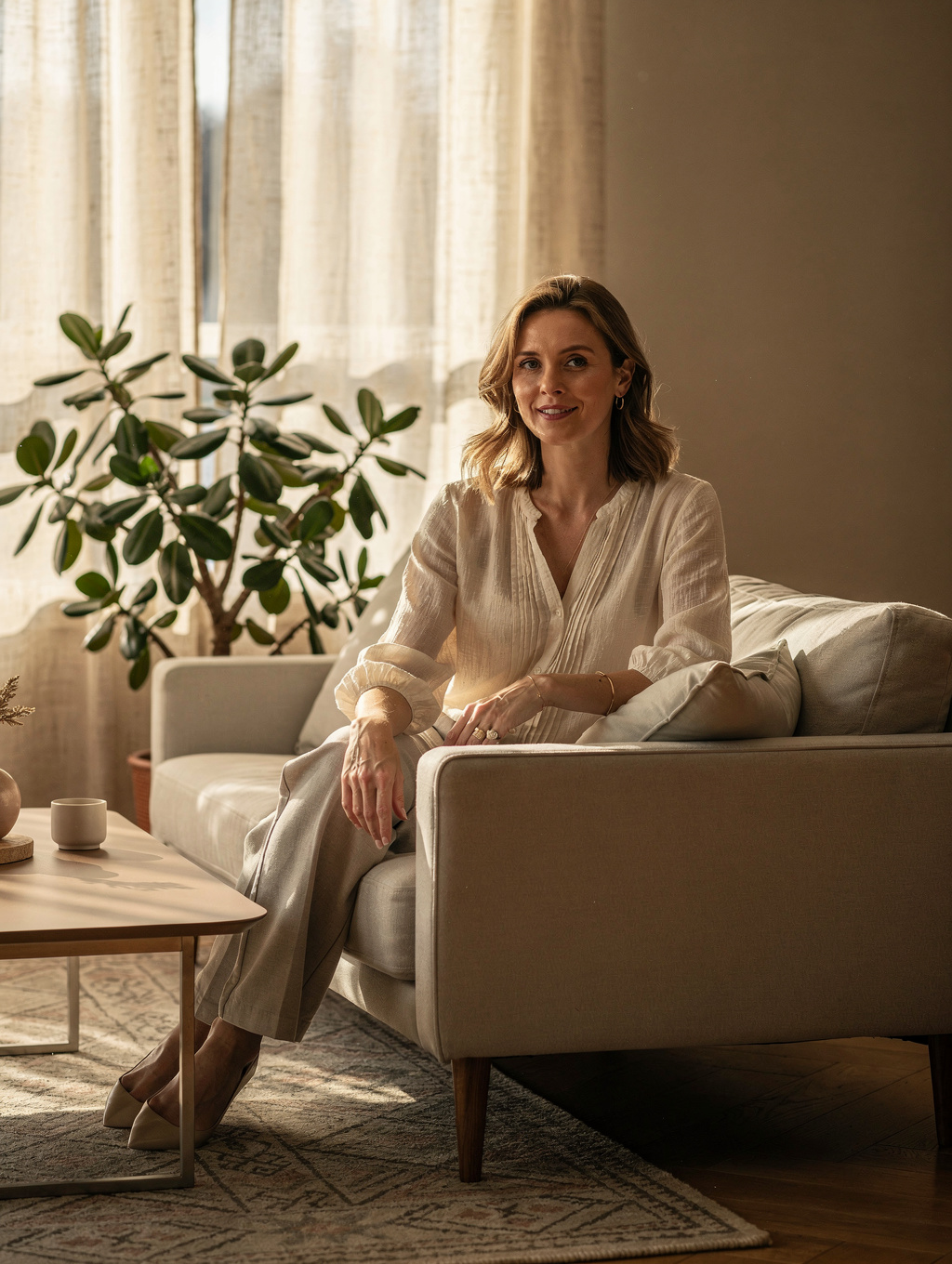 Portrait of Sarah M., smiling client in her home